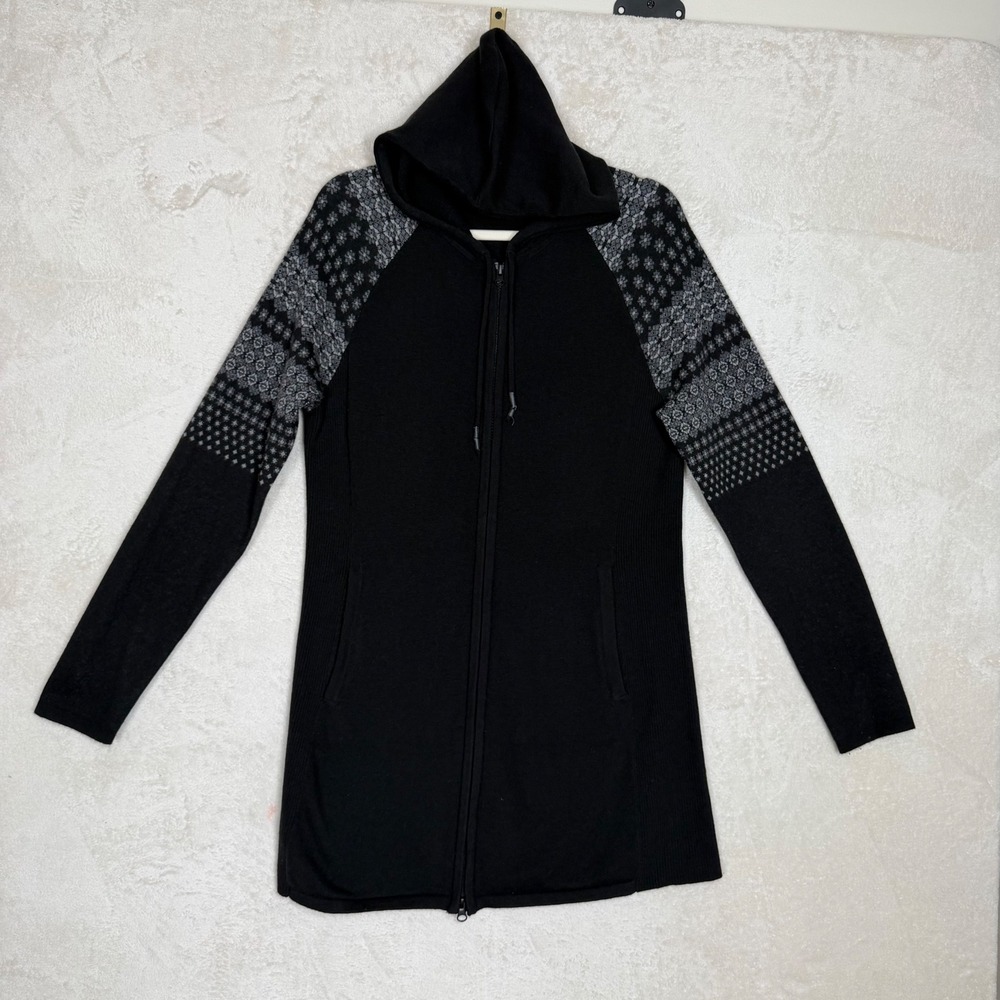Title Nine Merino Wool Full Zip Hoodie Cardigan Jacket Black Gray Nordic Large